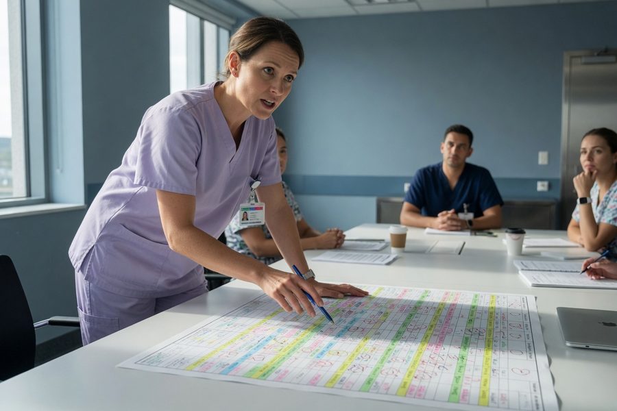 Nurse and manager reviewing AI scheduling dashboard together at nurses' station