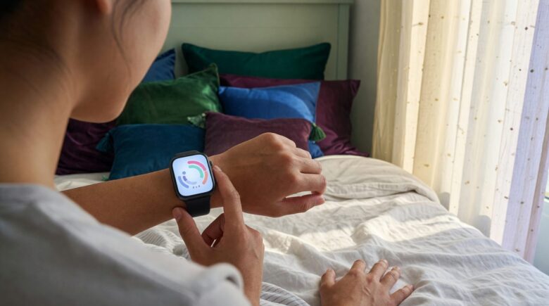 Smartphone showing sleep tracking app data with sleep stages and AI-generated insights