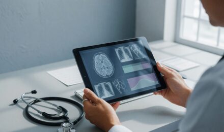 Hospital staff reviewing patient data on computer screens with AI algorithm visualization overlays