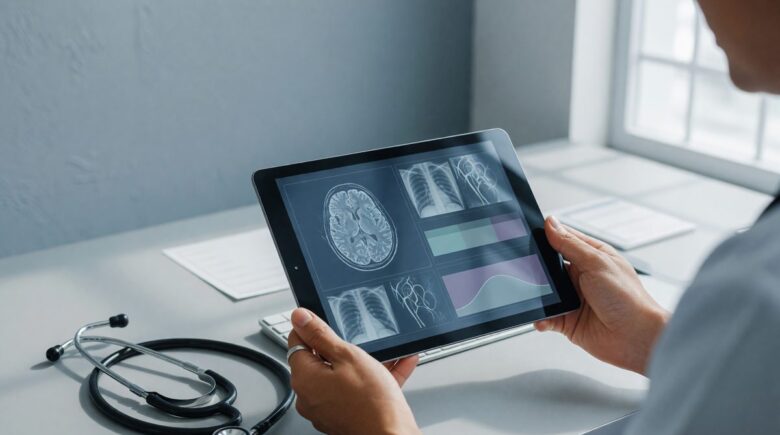 Hospital staff reviewing patient data on computer screens with AI algorithm visualization overlays
