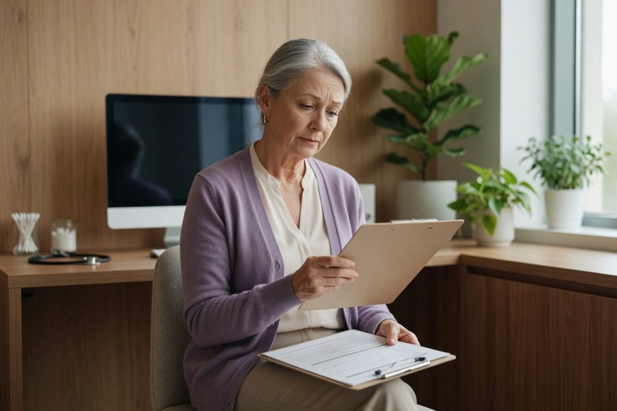 A patient and doctor reviewing AI-generated treatment suggestions on a tablet